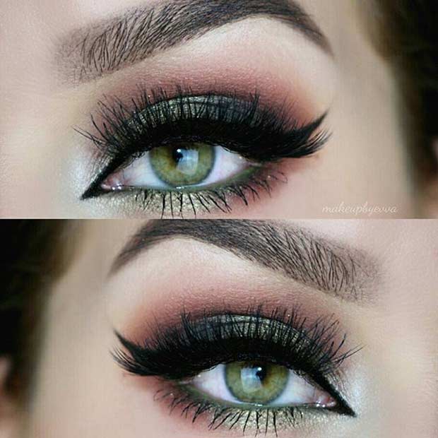 Dark Green and Pink Eye Makeup Look for Green Eyes