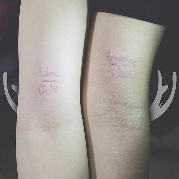 White Ink Couple Zodiac Tattoos
