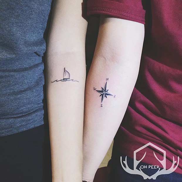 Couple Matching Tattoos Ship and Compas