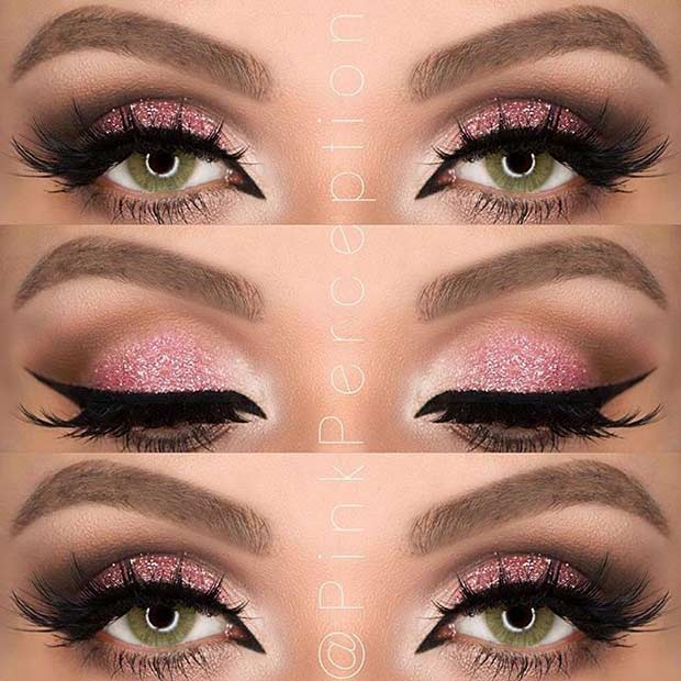 Pink Glitter Eye Makeup Look for Green Eyes