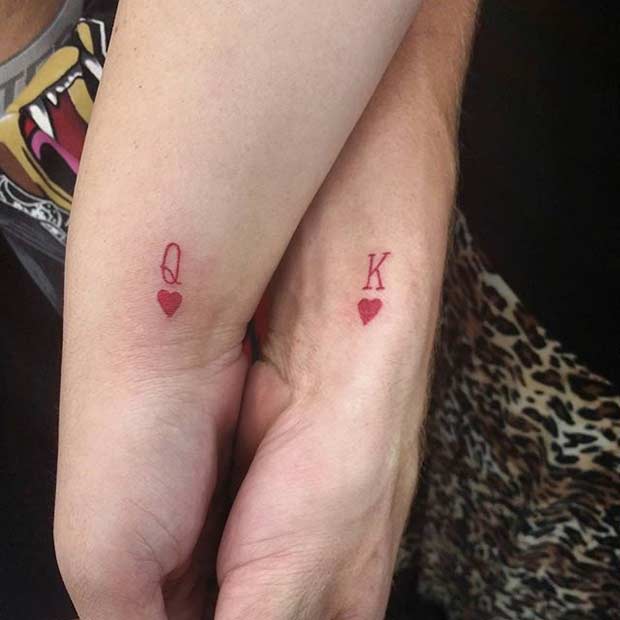 Tiny King and Queen of Hearts Tattoos for Couples