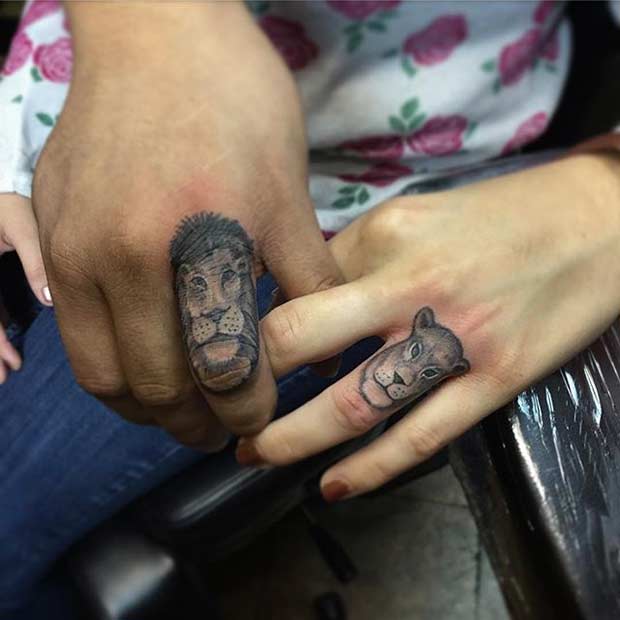 Couple Lion and Lioness Finger Tattoos