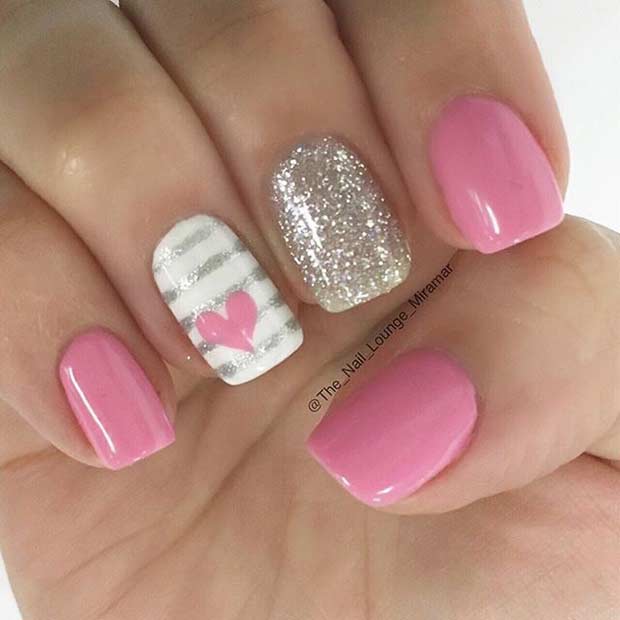 Pink and Silver Heart Nail Design