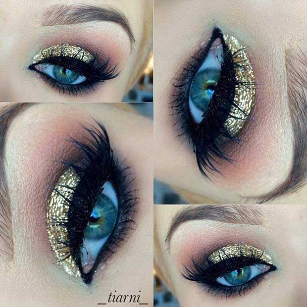 Gold Glitter Eye Makeup Look for Blue Eyes