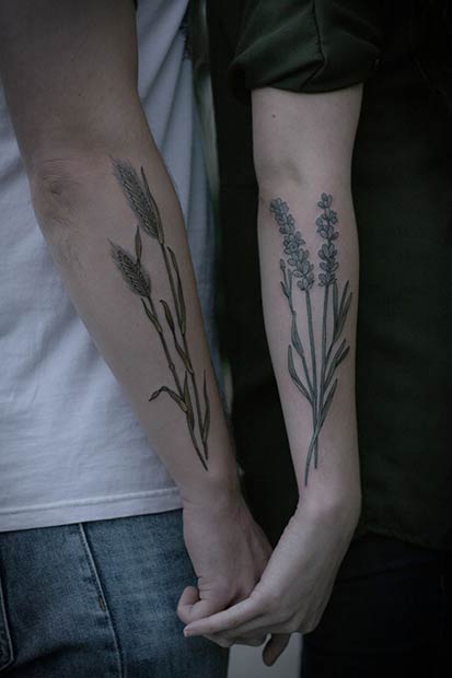 Unique Barley and Lavender Couple Tattoos