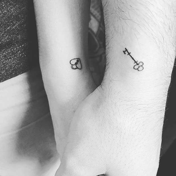 Couple Tiny Lock and Key Matching Tattoos