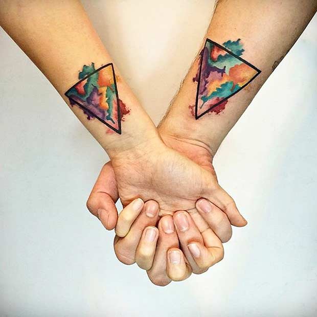 Watercolor Triangle Couple Tattoos