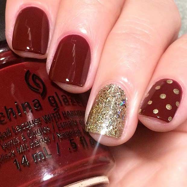 Classy Dark Red and Gold Design for Short Nails