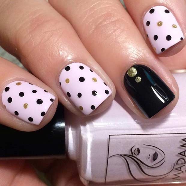 Pink and Black polka Dots Nail Design