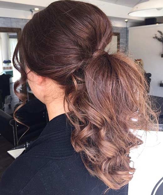 Elegant Curly Ponytail Hairstyle with Teased Crown
