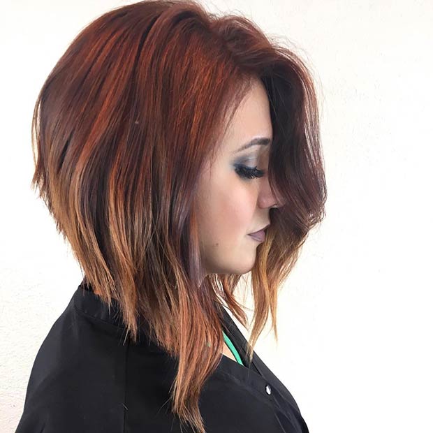 Angled Long Bob Haircut and Red Balayage Colourmelt