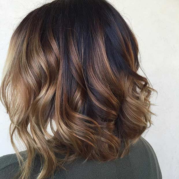 Curly Long Bob with Caramel Balayage Highlights