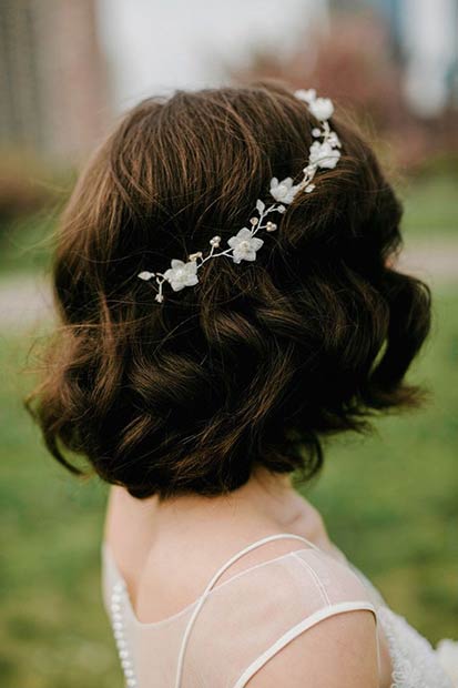 Curly Medium Length Wedding Hairstyle with Headpiece