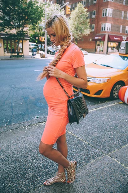 Neon Orange Midi Dress Pregnancy Outfit