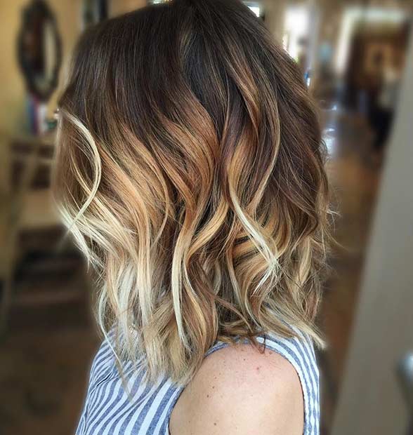 Caramel Blonde Balayage Highlights on Lob Haircut