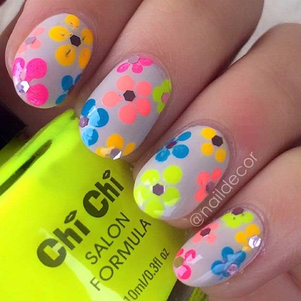 Neon Flower Nail Design for Summer