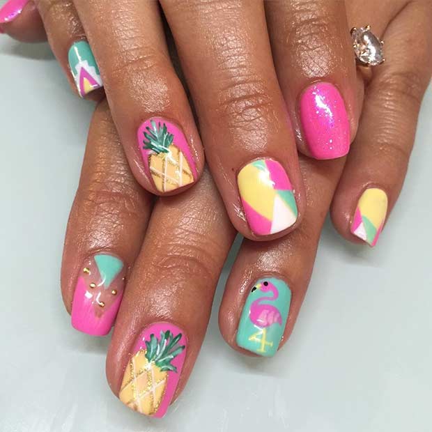 Pink and Yellow Pineapple Nails for Summer