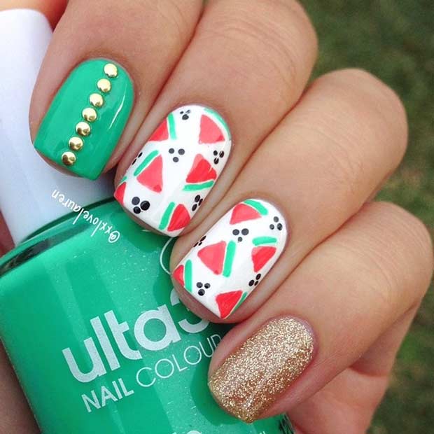 Green and Gold Watermelon Nails