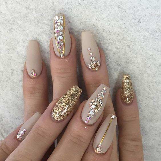 Gold and Nude Matte Coffin Nails