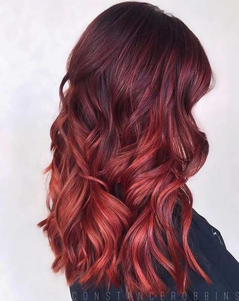 Burgundy to Bright Red Ombre Hair