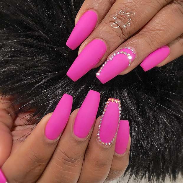 Pink Matte Coffin Nails with Rhinestones