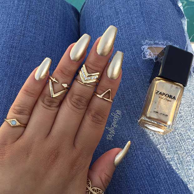 Gold Coffin Ballerina Nail Design