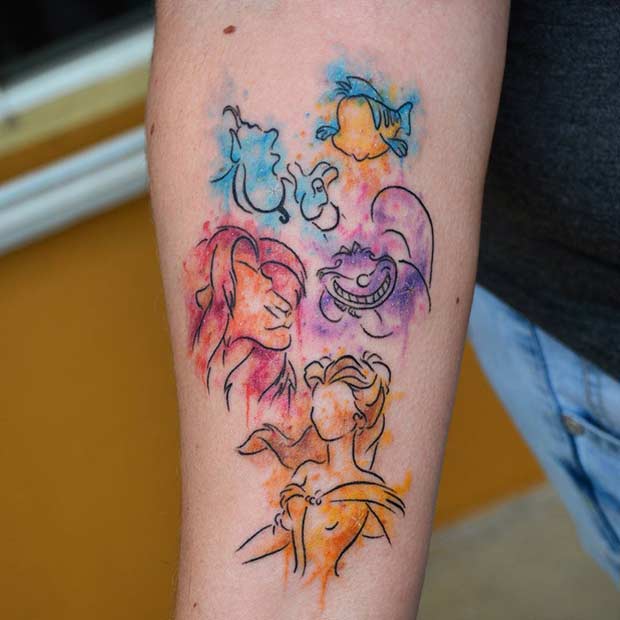 Watercolor Disney Characters Tattoo