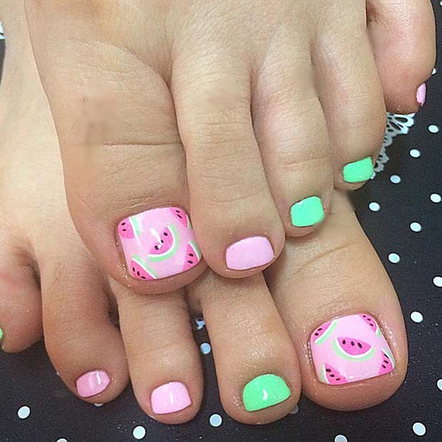 Cute Watermelon Toe Nail Design for Summer