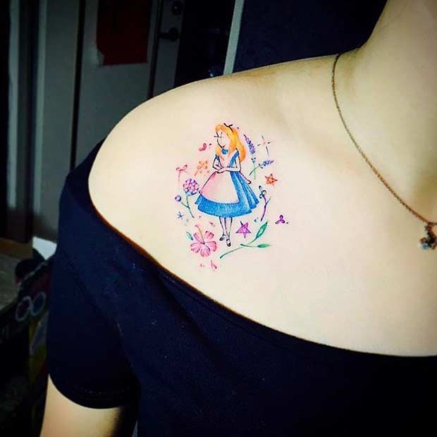 Colorful Alice in Wonderland Tattoo
