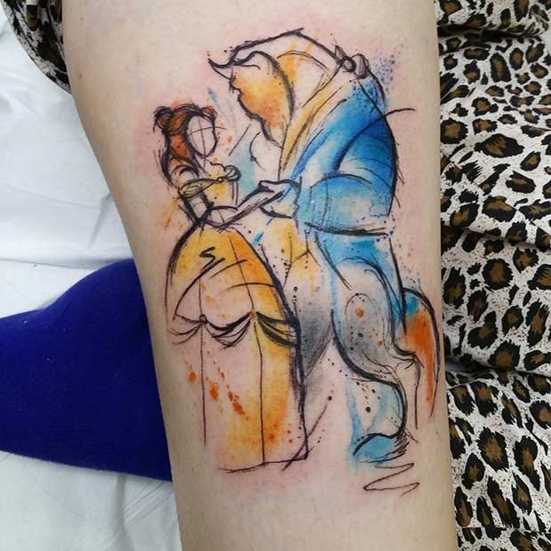 Watercolor Beauty and the Beast Silhouettes Tattoo
