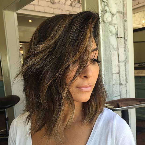 Layered Long Bob Haircut with Caramel Balayage Highlights