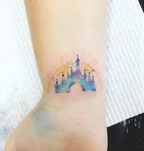 Small Watercolor Disney Castle Wrist Tattoo