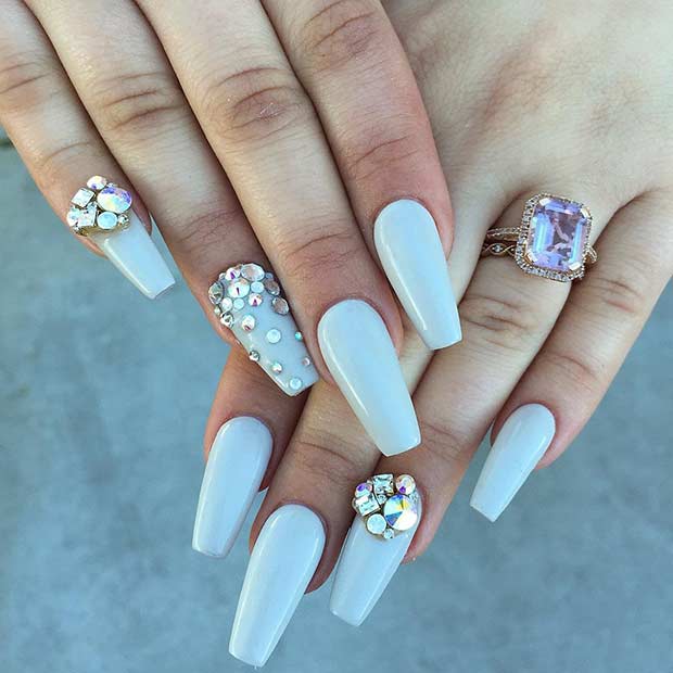 Long Gray Coffin Nails with Rhinestones