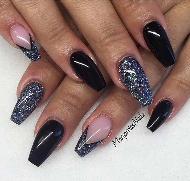 Black Glitter Ballerina Coffin Nail Design