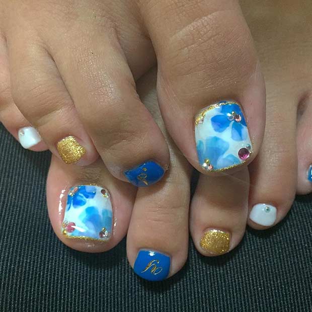 Blue and Gold Toe Nail Design