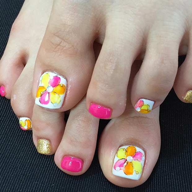 Pink and White Flower Toe Nail Design