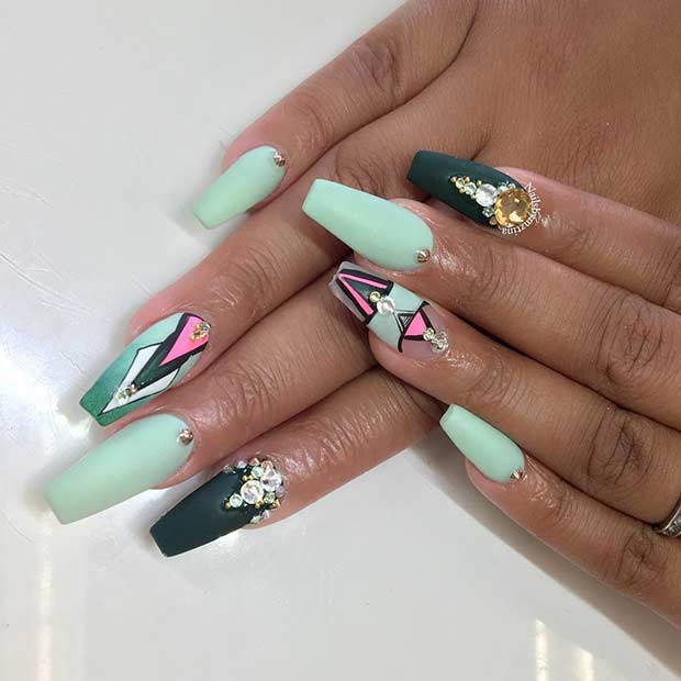 Mint Green Coffin Nail Design 