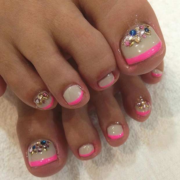 Pink and Nude French Tip Toe Nail Design for Summer