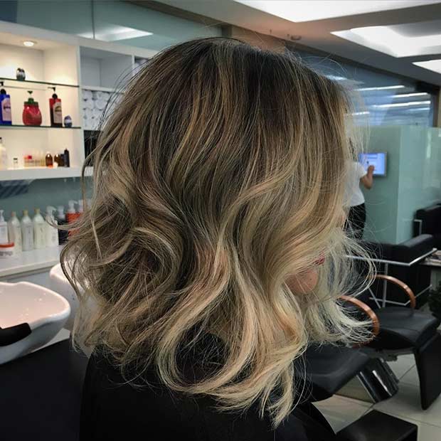 Curly Textured Long Bob Hairstyle with Balayage Highlights