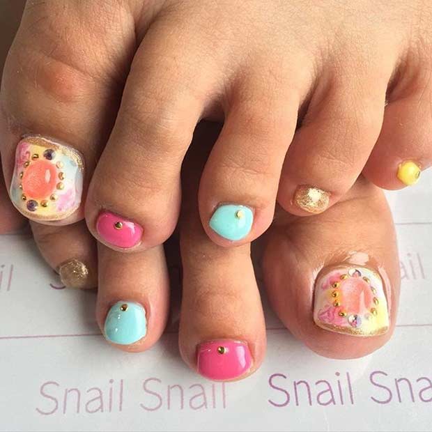 Bright and Colorful Toe Nail Design for Summer