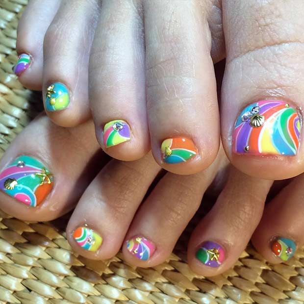 Bright Striped Toe Nail Design for Summer