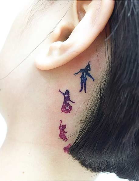 Small Watercolor Peter Pan Behind the Ear Tattoo