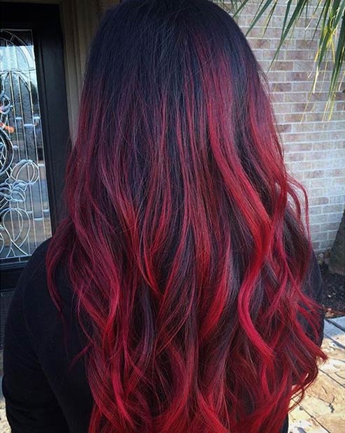 Dark to Bright Red Ombre Hair Look
