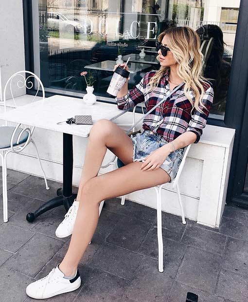 Denim Shorts and Plaid Shirt Casual Outfit