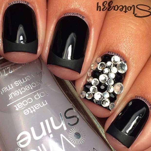 Black French Tip Nails and Rhinestone Accent Nail