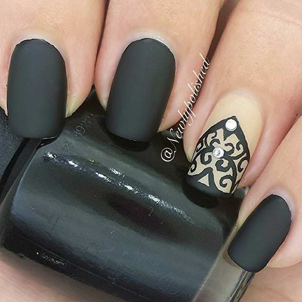 Black Matte Lace Nail Design