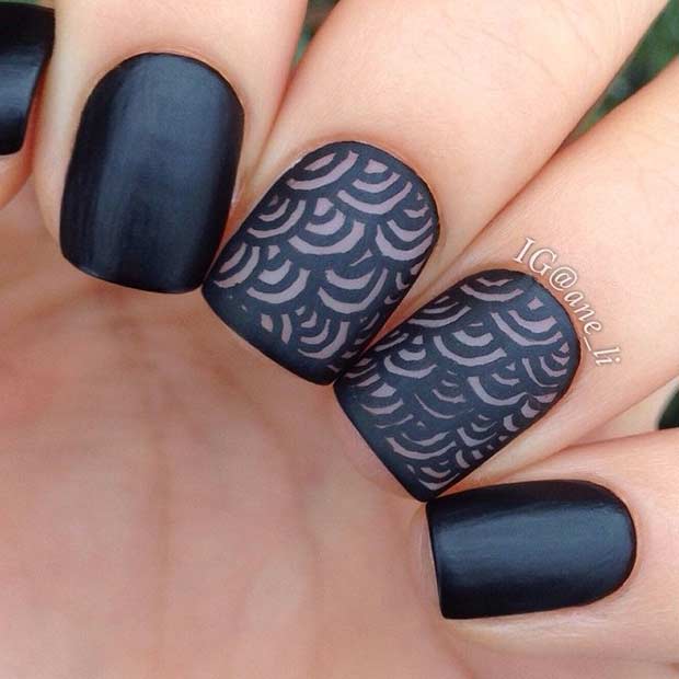 Black Matte Nail Art Design for Short Nails