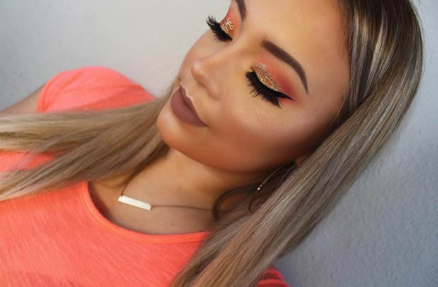 Orange and Gold Glitter Eye Makeup Look