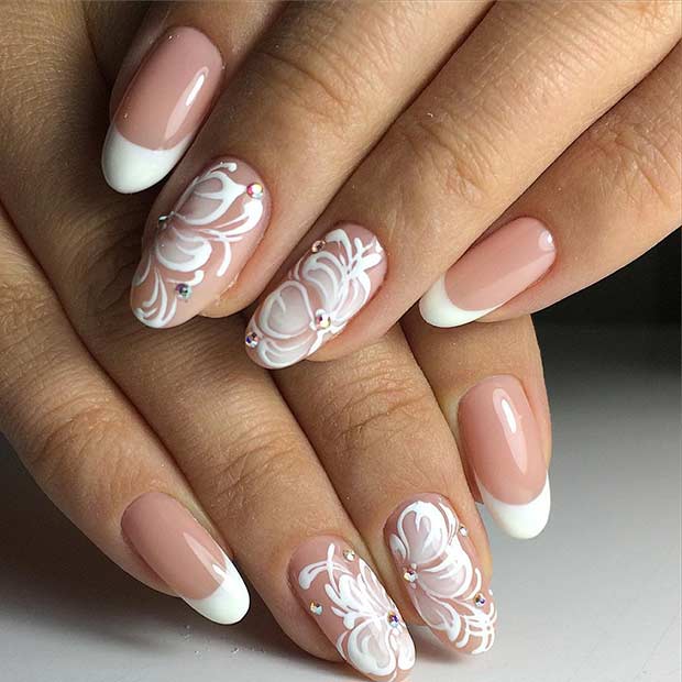 French Tip Flowers White Nail Art Design