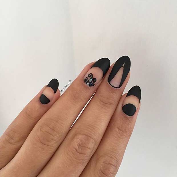 Cool Black Matte and Negative Space Nail Design